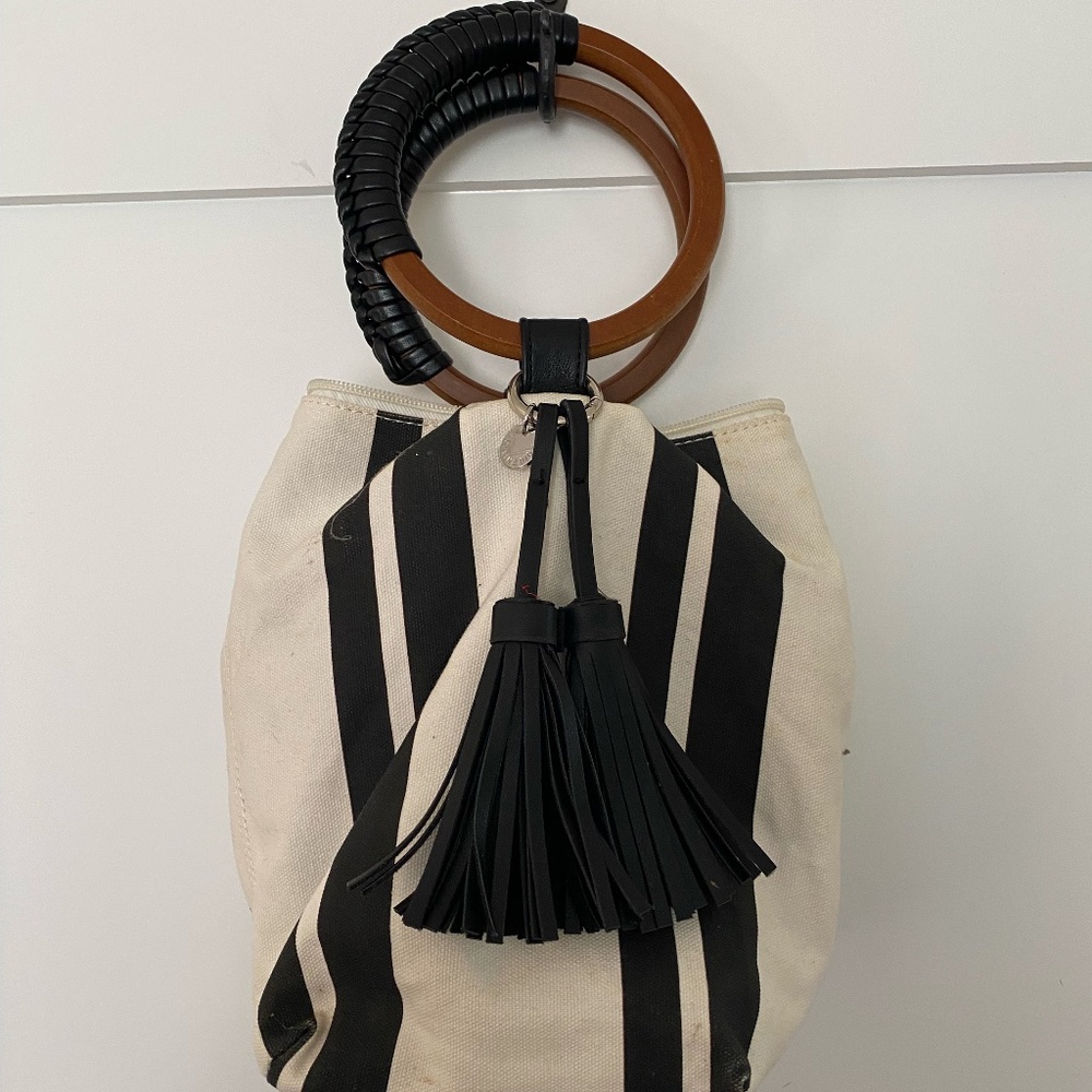 Celine Dion cream and black striped canvas purse with wooden handles